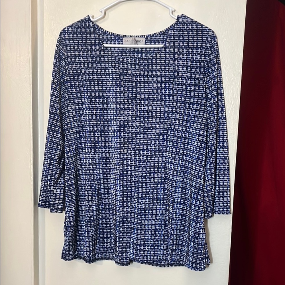 Sag Harbor Blue and White Boxy 3/4 Sleeve Blouse